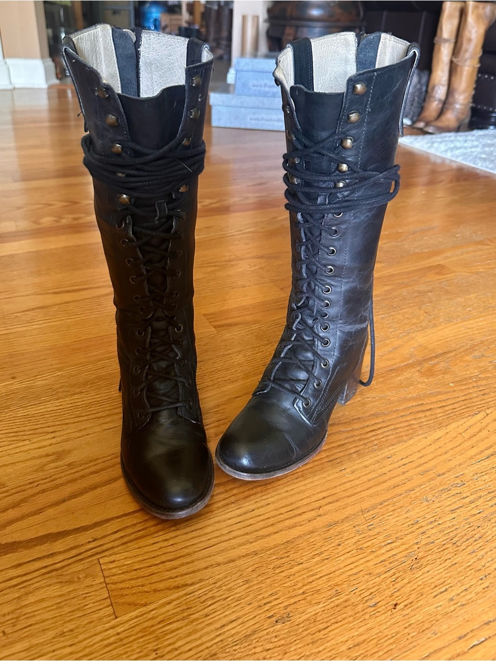 Freebird by Steven Black Granny Lace-Up Knee Boots with Wrapped Laces